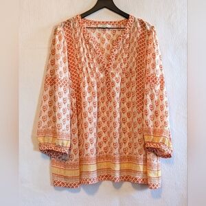 Rose & Olive Orange Yellow Boho Blouse 2X Plus Sheer Drapes Filmy Flowy Feminine